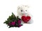 Teddy bear, red velvet heart and bouquet of roses