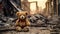 Teddy bear in the ruins of a destroyed building. The concept of disaster and war.