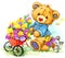 Teddy bear sells seeds of garden flowers. watercolor