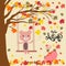 A teddy bear siting on a swing under falling leave tree