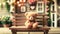 A teddy bear sitting alone on a wooden bench in a cozy outdoor setting