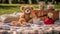 a teddy bear sitting on a checkered picnic blanket with a spread of delicious treats during a sunny morning, AI Generated