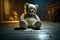 A teddy bear sitting on the floor of a dark, abandoned room. Mysterious, scary place.