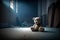 A teddy bear sitting on the floor of a dark, abandoned room. Mysterious, scary place.