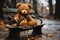 Teddy bear sitting on a park bench, forgotten lonely child toy with wet fur, rainy day