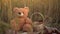 A teddy bear is sitting in a wheat field next to a basket.