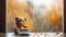 A teddy bear sitting on a window sill with a cup of coffee. Generative AI image. Autumn tea, rainy day.