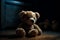 Teddy bear sitting on a wooden floor in the dark Ai generative