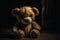 Teddy bear sitting on a wooden floor in the dark Ai generative