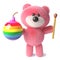 Teddy bear with soft pink fluffy fur holding a match and rainbow bomb, 3d illustration