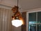 A teddy bear sticking an electrical wire on electric lamp.
