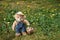 Teddy bear with straw hat Basket with potatoes Garden