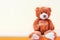 Teddy Bear stuffed toy sits on shelf on yellow background