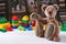 Teddy bear surrounded by blocks of children's plastic building kit