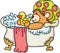 Teddy bear taking a bath with shower duck