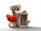 Teddy bear toy red heart chalkboard white background