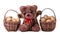 Teddy bear with two baskets filled with potatoes. Isolated.