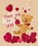 Teddy bear with volumetric 3D hearts made of textile, soft fabric. Slogan Thank you for Love. Vintage vector postcard