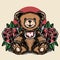 teddy bear wearing baby bibs and roses background illustration