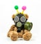 Teddy bear wearing gas mask with hypnotic eyes