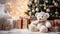 A Teddy Bear in Winter Wonderland. Christmas tree and gifts. AI Generated Illustration