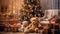 A Teddy Bear in Winter Wonderland. Christmas tree and gifts. AI Generated Illustration