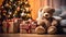 A Teddy Bear in Winter Wonderland. Christmas tree and gifts. AI Generated Illustration