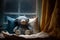 teddy bear wrapped in a bedspread lies in bed, rainy mood illustration Generative AI