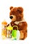 Teddy bears and baby bottles and pacifiers for a child