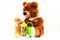 Teddy bears and baby bottles and pacifiers for a child