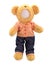 Teddy bears doll isolated on white background. Bear`s doll in blue jeans uniform. Blank face toy for design