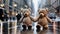 Teddy Bears Holding Hands in Urban Rain