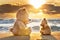 Teddy bears sitting on the beautiful beach with love.