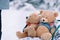 Teddy bears sitting on a sleigh on a white snow background in the park. Winter walk, best gift, kid surprise