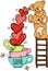 Teddy bears on top ladder with hearts love cups