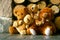 Teddy bears and woodpile