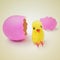 Teddy chick emerged from a pink easter egg, with a filter effect