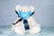 Teddy polar bear sitting on a blue background in a medical mask with a thermometer, concept of viral diseases and global epidemic