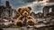 Teddy toy inbetween ruins .Dark cloudy sky.