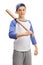Teen baseball player with a bat looking at the camera
