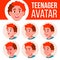 Teen Boy Avatar Set Vector. Face Emotions. Children. Red Head. Fat Gamer. Beautiful, Funny. Cartoon Head Illustration