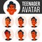 Teen Boy Avatar Set Vector. Face Emotions. Flat, Portrait. Indian, Hindu. Asian. Youth, Caucasian. Cartoon Head