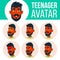 Teen Boy Avatar Set Vector. Indian, Hindu. Asian. Face Emotions. Expression, Positive Person. Beauty, Lifestyle. Cartoon