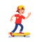 Teen boy in baseball cap riding on skateboard