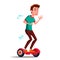 Teen Boy On Hoverboard Vector. Riding On Gyro Scooter. Outdoor Activity. Two-Wheel Electric Self-Balancing Scooter