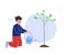 Teen Boy Planting and Watering Tree, Child Volunteering in the Garden or Park Vector Illustration