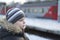 Teen boy on platform of train background