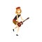 Teen boy playing on guitar. Young guitarist performing on stage. Cartoon kid character in cap with horns, green shorts