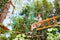 Teen boy on a ropes course in a treetop adventure park sitting on a hanging rope bridge