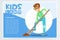 Teen boy with a shovel digging ground, eco concept, kids land banner flat vector element for website or mobile app